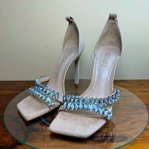 SCHUTZ Linsey Crystal-embellished Nubuck Sandals In Light Beige